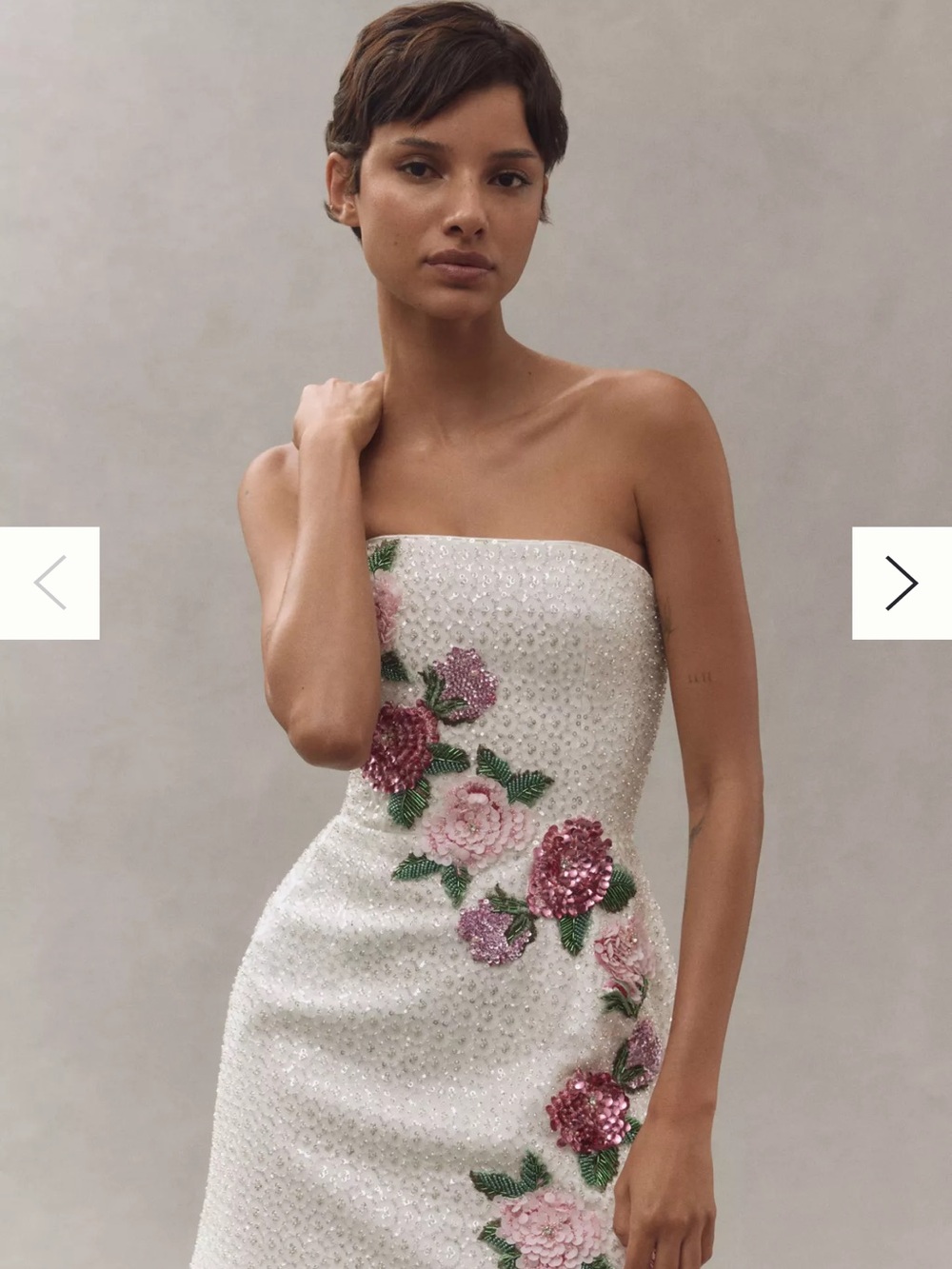 HELSI Strapless White Beaded Dress with Pink Floral Appliqué